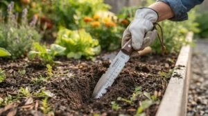 Using a hori hori knife to dig planting holes in garden soil.