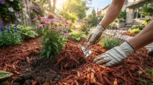 Homeowner spreading shredded cedar mulch for garden beds to enhance backyard curb appeal.