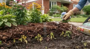 Step-by-step visual guide on spreading cost-effective mulch under $30 CAD across home flower beds in Canada.