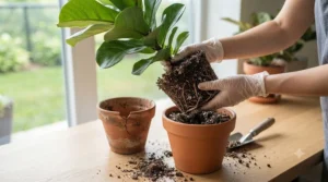 Hands repotting a houseplant using specialized potting soil for indoor plants during Canadian winter indoor gardening.