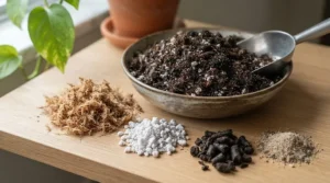 Infographic showing Canadian sphagnum peat moss and perlite ingredients in potting soil for indoor plants.
