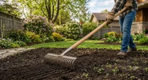 Wide landscape rake being used to level topsoil and prepare a smooth seedbed in a Canadian garden.