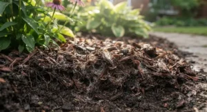 Front yard garden transformation featuring clean lines and dark mulch under $30 CAD boosting Canadian residential curb appeal.