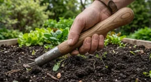 Long-handled garden hoe for easy reach in backyard gardens.