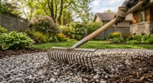 Sturdy metal garden rake, a reliable tool for moving mulch and gravel in Canadian landscaping projects.