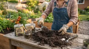 Organic soil amendments being mixed into potting soil for vegetable garden plots to boost natural yields.