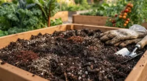 Close-up of nutrient-rich organic potting soil for vegetable garden beds, featuring Canadian peat moss and compost mix.