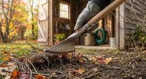 A gardener using an adjustable width garden rake to clear lawn debris.