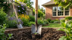 Using a sharp garden spade for planting shrubs and perennials in a home garden.