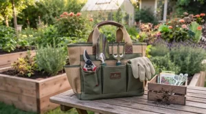 Multi-pocket storage bag holding a complete stainless steel garden tool set for seniors for easy transport around community plots.