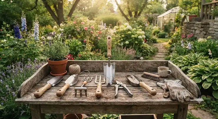 A durable professional garden tool set laid out on a wooden table, ideal for Canadian landscaping and backyard gardening.