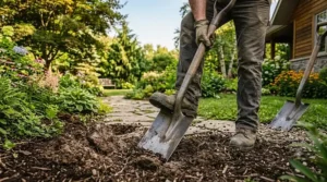 Diagram showing correct foot placement on a spade shoulder for easier digging.