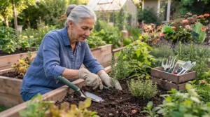 Senior gardener planting spring herbs in a cedar raised bed using a lightweight garden tool set for seniors.
