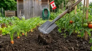 A standard hoe chopping through compact soil in a home garden.