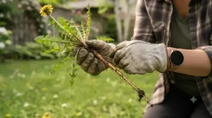 Close-up of tool for removing dandelions, extracting the full root.