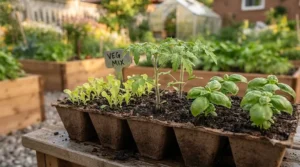 Young vegetable seedlings growing in nutrient-dense potting soil for vegetable garden spring preparation in Canada.