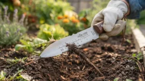 Serrated edge of a hori hori knife cutting through thick roots.