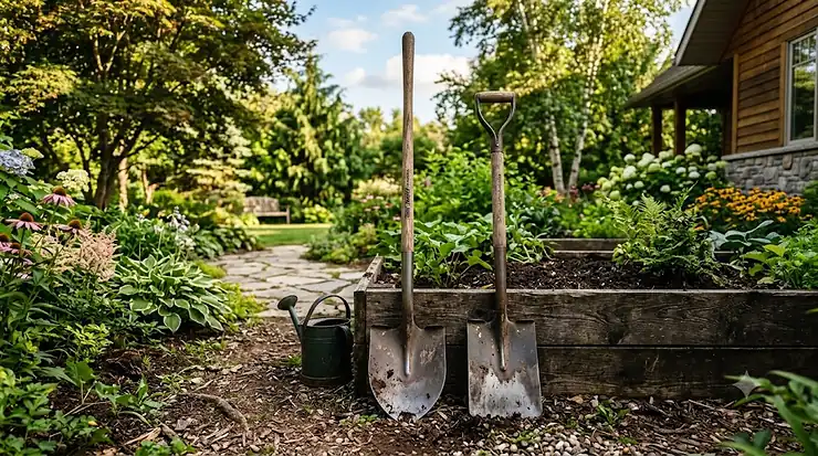 Comparison of a round-point shovel and a flat garden spade for digging in Canadian soil. shovel vs spade for digging
