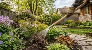 Narrow shrub rake designed for precise cleaning between hedges and delicate perennials in a garden.