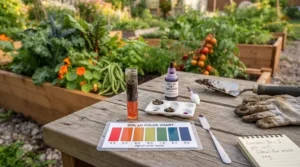 Infographic guide on testing soil pH when using potting soil for vegetable garden planning across Canadian hardiness zones.
