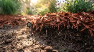 Diagram depicting thermal regulation provided by cedar mulch for garden beds during fluctuating spring temperatures.