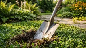 Flat garden spade blade slicing through turf for precise edging in a backyard.