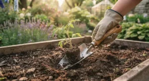 Illustration of planting flowers with a professional garden tool set during the Canadian spring gardening season.