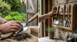 Preparing soil for spring planting with a garden hoe.