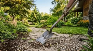 Square-point shovel used for scraping and moving loose debris on a driveway.
