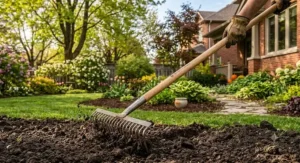 Heavy-duty steel bow rake for breaking up compacted soil and preparing Canadian garden beds for planting.