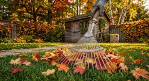 Telescopic handle of the adjustable width garden rake extending for comfort.