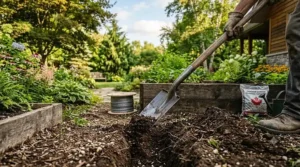 Narrow trenching spade used to create precise drainage paths in garden landscapes.