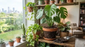 Thriving Monstera and Pothos houseplants growing in nutrient-rich potting soil for indoor plants.