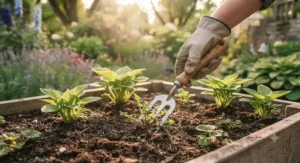 Vector illustration of using a professional garden tool set in a raised garden bed for urban Canadian homes.