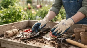 High-dexterity washable gardening gloves held near common garden tools.