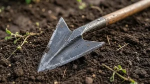 Close-up of a sharp, triangular warren hoe blade designed for ridging.