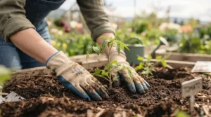 Person wearing washable gardening gloves while planting in spring soil.