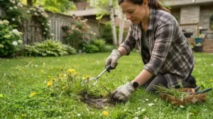 Gardener using a tool for removing dandelions in early spring.