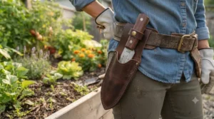 Hori hori weeding knife with protective belt sheath for easy carry.