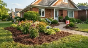 Illustration of protective mulch under $30 CAD insulating delicate perennial flower roots against cold Canadian winter freezes.