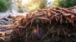 Perennial garden plants insulated with cedar mulch for garden beds to protect roots from harsh Canadian winter frost.