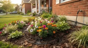 Front yard flower beds irrigated efficiently using a cost-effective drip irrigation kit under $100 CAD suited for Canadian suburban homes.