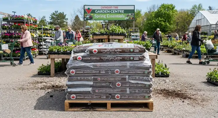 Pallet of bagged compost for gardens stacked outside a Canadian garden centre during spring planting season.