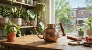 A unique, artisan-made watering can for indoor plants, showcasing sophisticated design for the dedicated Canadian indoor gardener.