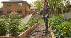 A gardener using a garden hose that doesn't kink to efficiently water a backyard vegetable garden.