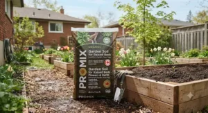 Bag of premium garden soil for raised beds displayed in a Canadian backyard during spring