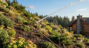 An impact sprinkler operating on a sloped hillside garden, showing high-pressure stream resistance to wind.
