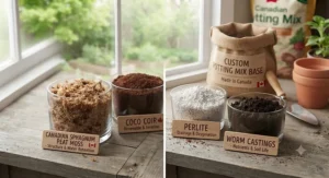 Top ingredients for custom potting mixes in Canada, comparing peat moss and coco coir roles.