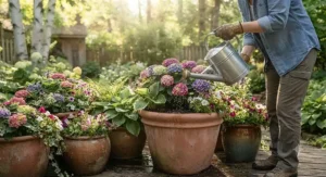 A gardener using a high-quality watering can for large outdoor pots to hydrate patio container plants.