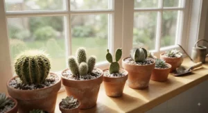 Potted cacti on a bright windowsill grown in a soil mix featuring perlite for succulents and cacti.